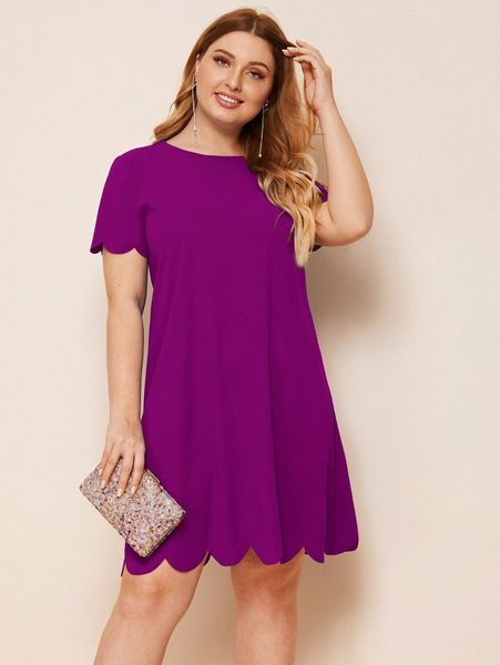 

plus scallop edge solid dress n19z#, Black