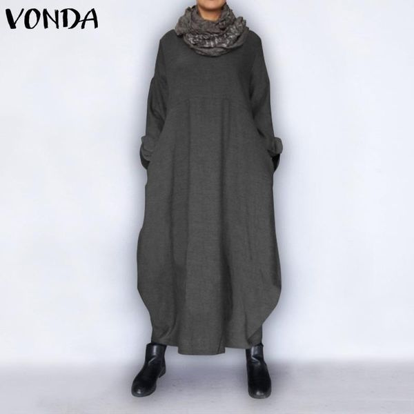 

casual dresses 2021 vonda women dress spring loose long sleeve maxi vintage thin sweatshirts plus size vestidos, Black;gray
