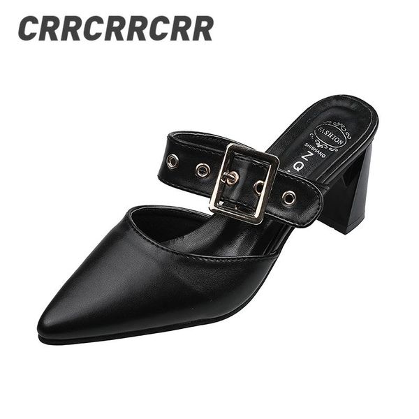 

crrcrrcrr women shallow metal decoration outside heels office lady pointed toe elegant handmade breathable modern slippers, Black