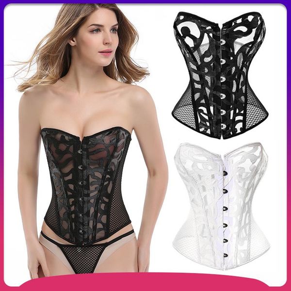 

women's shapers european style court corset bra black print net shapewear tuck abdomen waist body women plus size lingere, Black;white