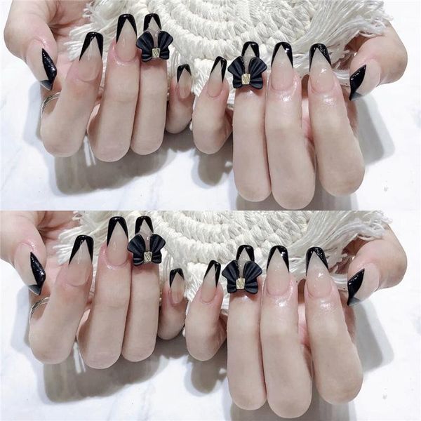 

false nails 24pcs black bow fake nail patch glue type removable long paragraph fashion manicure save time butt666, Red;gold