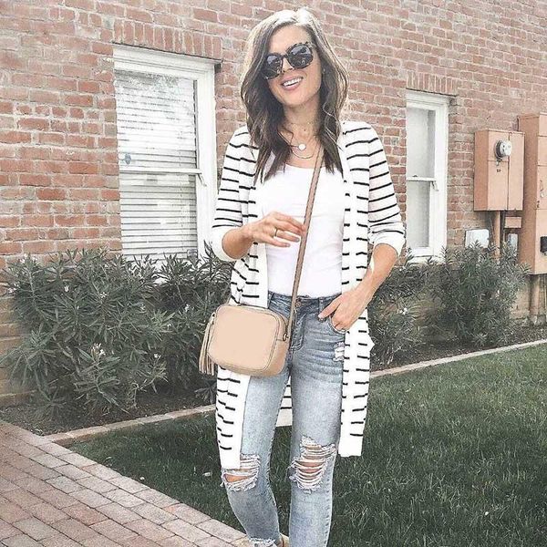 

women's trench coats 2021 women boho cardigans long sleeves striped lightweight loose sweaters coat lf88, Tan;black