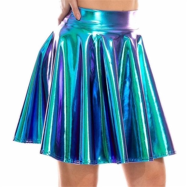 

summer laser high waist mini pu leather skirt club party dance shiny holographic skirts harajuku jk metallic pleated skirts 210310, Black