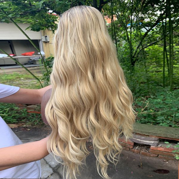 

2021 european and american fashion leisure wig women gradually long hair temperament before lace wavy curly chemical fiber head cover high-e, Black