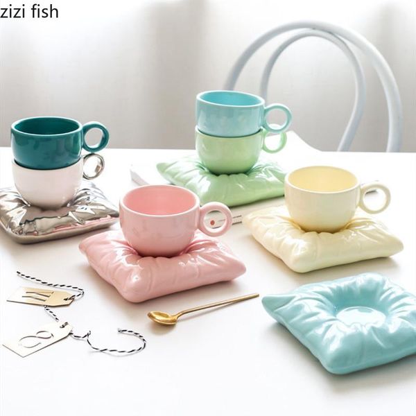 

solid color ceramic coffee cup with spoon pillow shape saucer base tray coffee milk mug decorative drinkware container gift cups