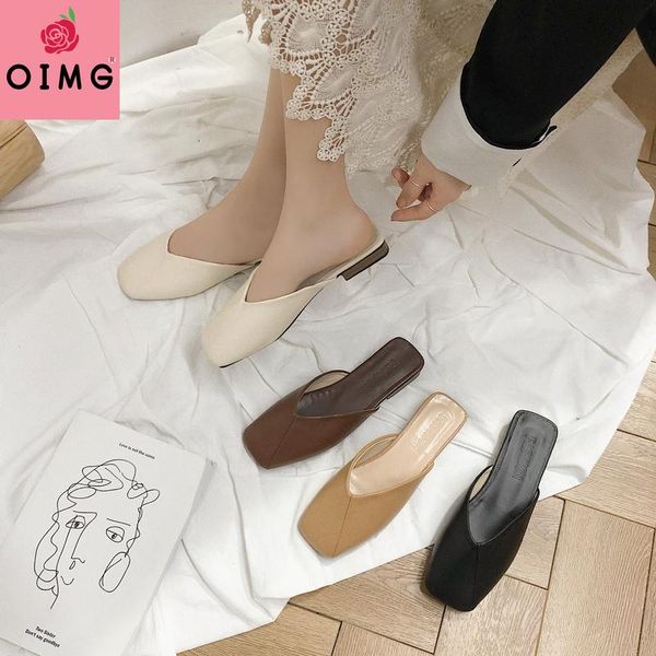 

oimg shoes woman's slippers slides loafers cover toe fashion female mule low luxury mules flat rome hoof heels rubber pu, Black