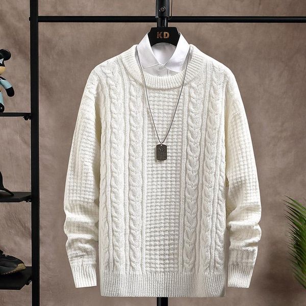 

men's sweaters 2022 retro twist thick round neck knitwear autumn and winter youth solid color pullover sweater, White;black