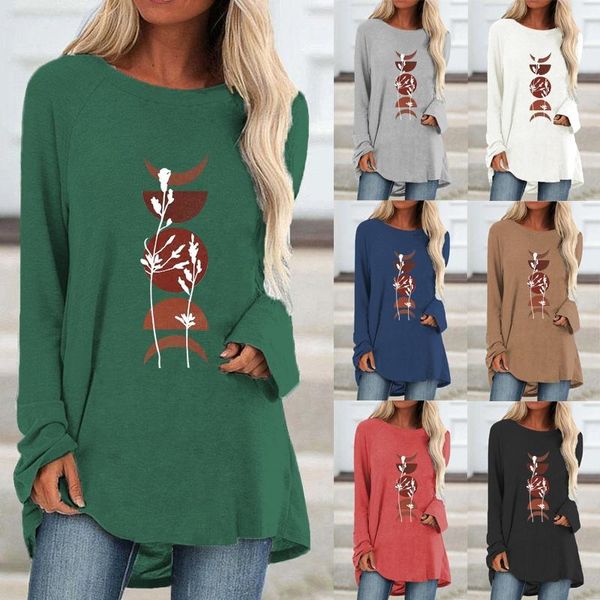 

women's t-shirt 2021 long sleeve loose shirt casual solid color graphic fashion printing round neck plus size autumn and winter, White