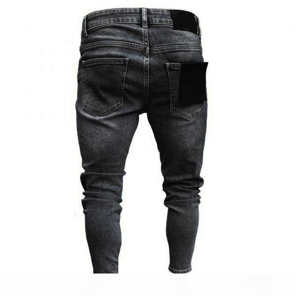 

new mens skinny jeans casual biker jeans denim ripped hiphop ripped pants washed patched damaged jean slim fit streetwear, Blue
