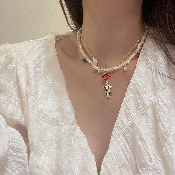 

choker irregular freshwater pearl beaded necklace with lovely crystal grape papaya pendant women summer handmade fruit accessorie, Golden;silver