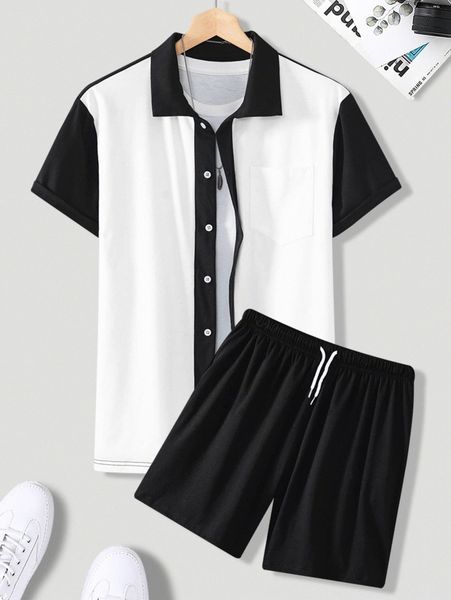 

men color block shirt & drawstring waist shorts without tee z327#, Gray
