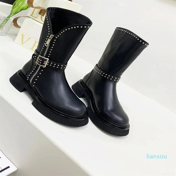 

black calf skin boots leather stud zippy belt biker shoes flat