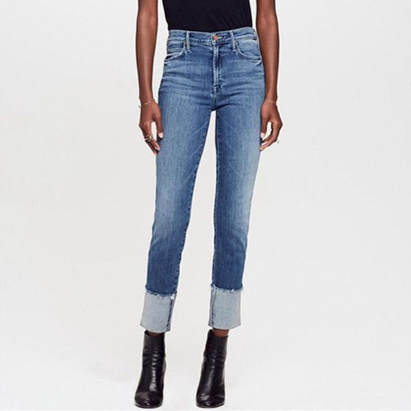 

women's jeans women mid-waist curled straight, Blue