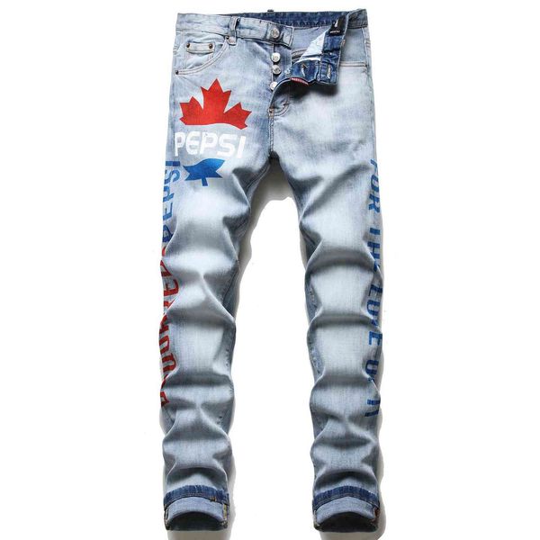 

jeans men's autumn and winter pants small straight slim micro elastic men's blue brand fashion printed