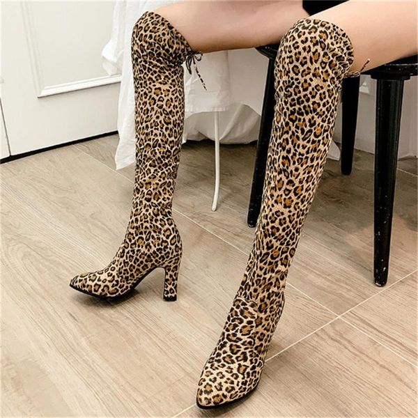 

boots 34-40 over the knee heel women high leopard winter, Black