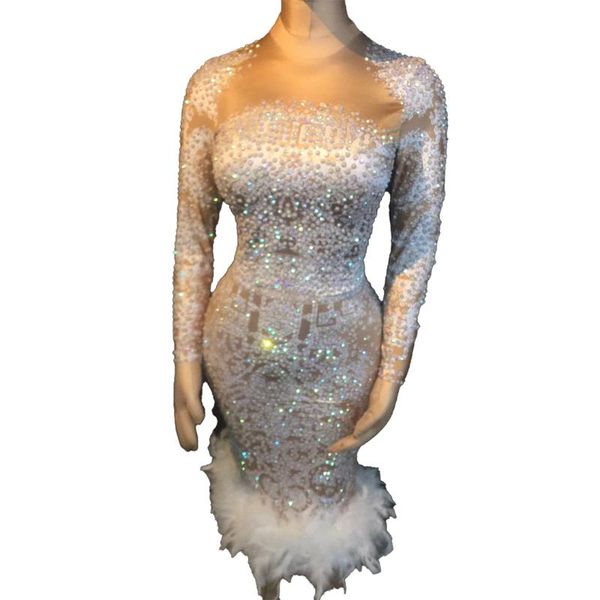 

casual dresses women's birthday party celebrate outfit female singer costumes stage show for women crystal white feather dress, Black;gray