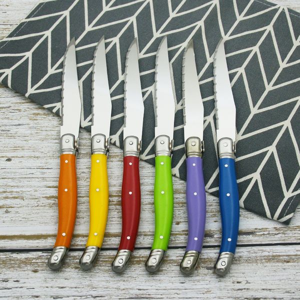 

6pcs stainess stee aguioe steak knives rainbow tabe knife muti coor tabeware pastic hande dinnerware coorfu cutery