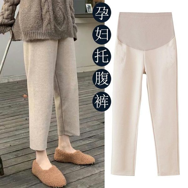 

maternity bottoms 8828# autumn winter thicken warm woolen straight pants elastic waist belly clothes for pregnant women pregnancy, White