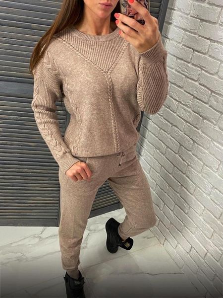 

women's two piece pants 2021 sweater suit sportswear knit casual solid color round neck fashion two-piece, White