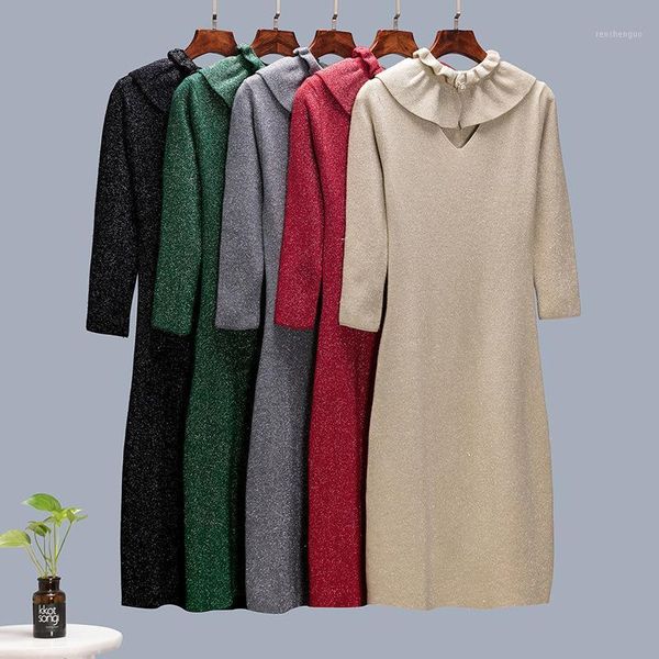 

casual dresses vintage sweater dress women's autumn winter 2021 slim korean midi bright line knitted long-sleeved base ruffled, Black;gray