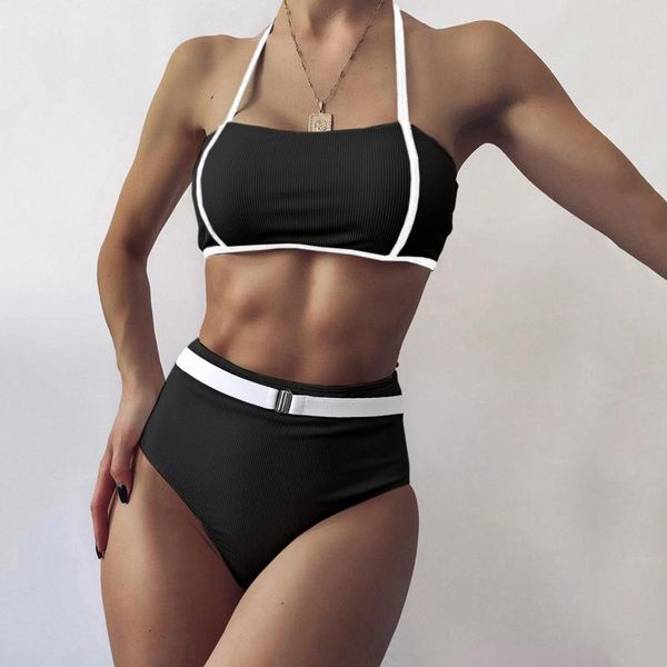 

women's swimwear bikini high waist strapless women swimsuit padded bathing suit monokin pure color 2021, White;black