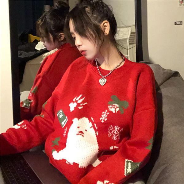 

2021 new women autumn and winter long-sleeved round neck cartoon jacquard christmas knitted sweater u9hw, White;black