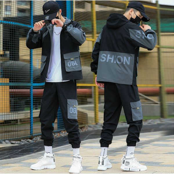 

new male training 2021 workwear hooded + 2pc defines loose baseball jacket ~long pants men's clothes msuw, Gray