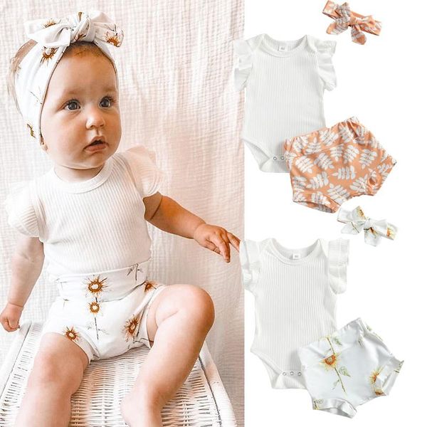 

summer infant clothing newborn baby boys girls sleeveless ruffles knitted bodysuits+high waist print shorts+headwear outfits, White