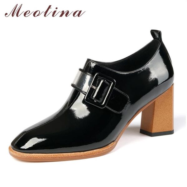 

meotina high heels women pumps natural genuine leather block high heels shoes cow leather buckle round toe shoes ladies size 41, Black