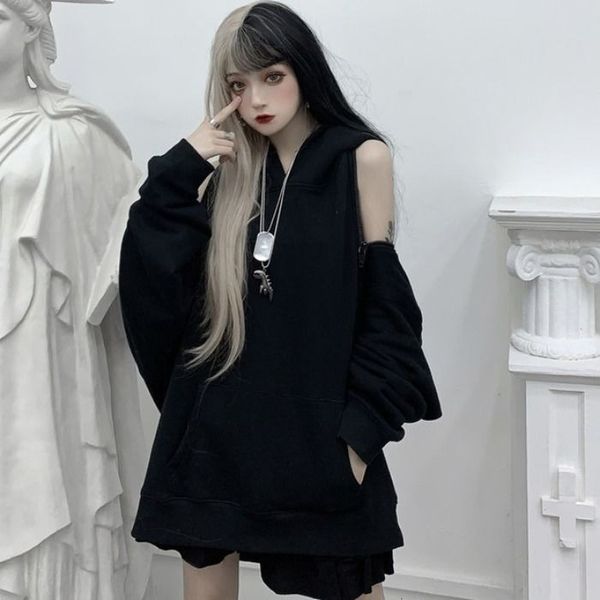 

2021 new deeptown gothic hoodies inverno moda punk moletom feminino manga longa mais veludo solto streetwear preto pulver h6ee, Black