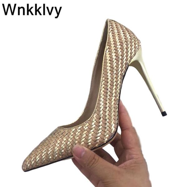 

dress shoes runway design women metal high heel pumps weave pointed toe gold silver shiny spring bradal wedding 2021 stilettos, Black