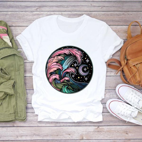 

women t-shirts cartoon moon wave printing fashion short sleeve womens graphic t ladies print lady shirt female tee t-shirt, White