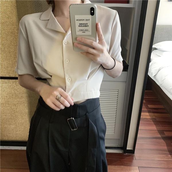 

women's blouses & shirts korean vintage clothing solid tunic shirt turn-down collar short sleeve chic crop summer ulzzang, White