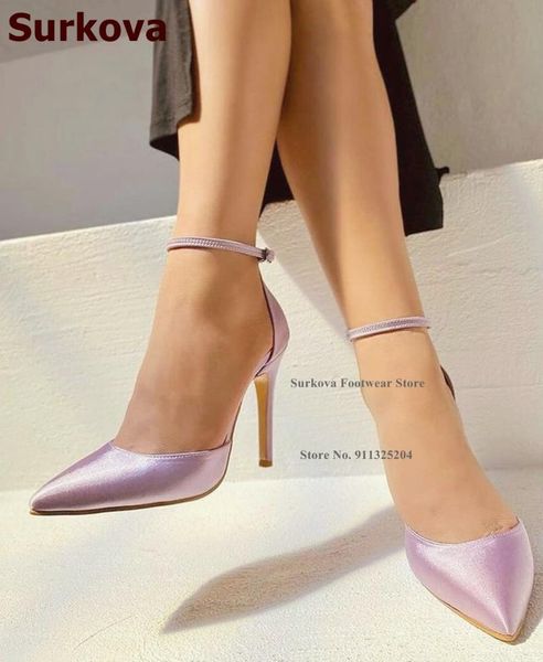

dress shoes surkova light purple silk cloth pointed toe pumps charming pink satin fabric buckle strap high heel wedding size46, Black