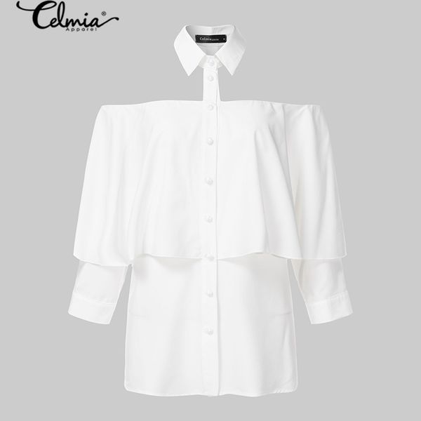 

womens blouse 2021 cold shoulder halter women shirt celmia ruffles solid office casual autumn buttons party blusas 5xl, White