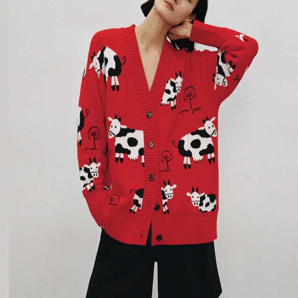

za animal print red knit cardigan women long sleeve v neck loose cute sweater woman fashion plus size knitted long 210602, White