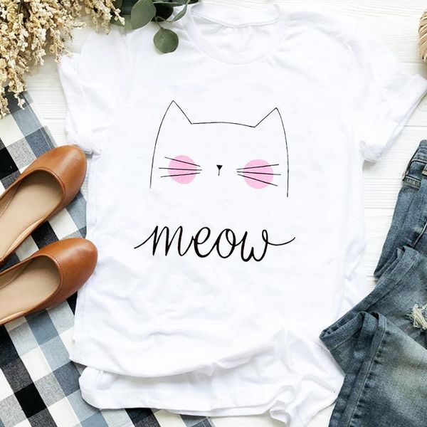 

women lady cat face summer autumn short sleeve print casual t tee womens tshirt for female shirt clothes graphic t-shirt, White