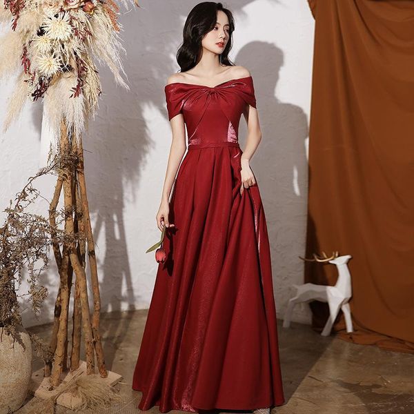 

ethnic clothing fashion simple vintage burgundy evening dress back beadage strapless satin prom formal gown vestido de noche cheongsam, Red