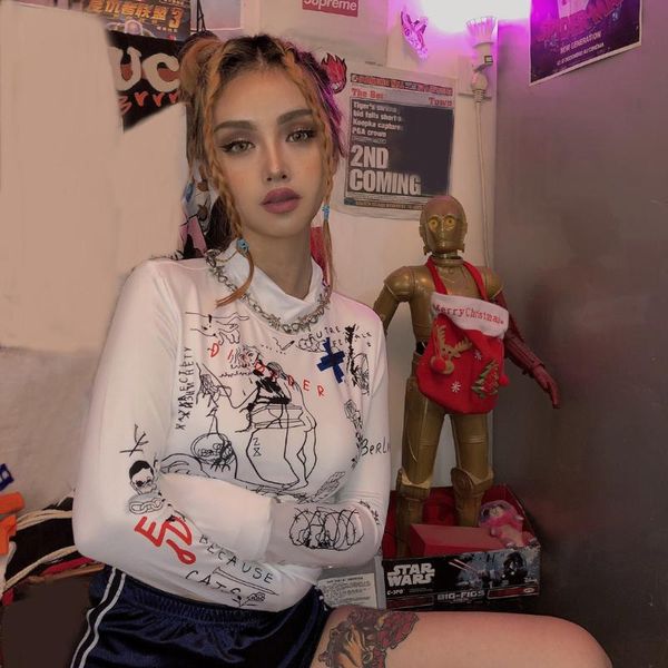 

women's blouses & shirts blouse long sleeve o-neck print letter fashion tightness shirt tunique femme grande taill damski, White