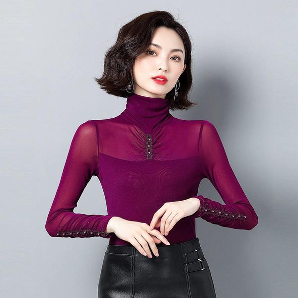 

mesh diamonds blouse women turtleneck long sleeve elasticity black shirt slim blusas mujer de moda casual tight shirts, White