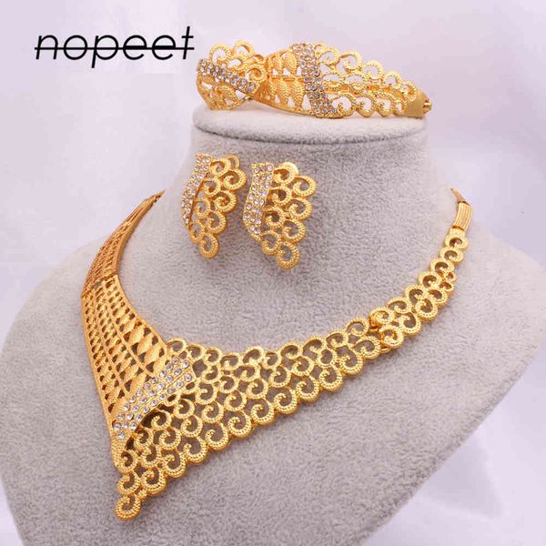

jewelry set nopeet dubai women's 24k gold jewelry indian bride necklace ring earring bracelet wedding four piece, Slivery;golden