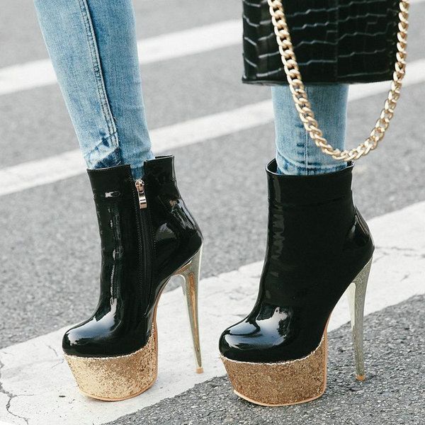 

boots 2021 15.5cm super high heel women fashion patent leather platform ankle autumn winter zipper shoes woman, Black