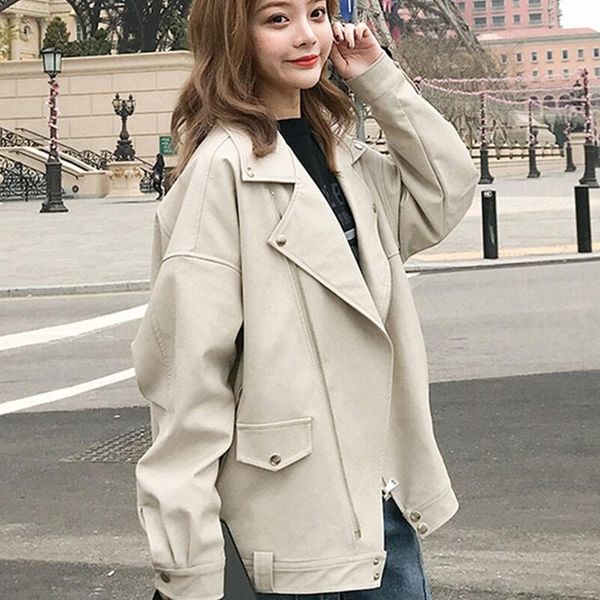 

women's leather & faux ftlzz autumn elegant ladies jacket motorcycle black loose oversized bf outwear