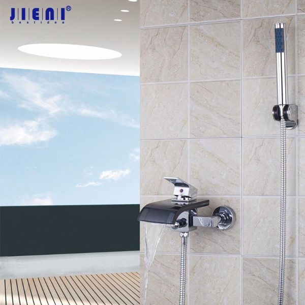 

bathroom sink faucets jieni black glass bathtub faucet 1 handle 2 holes bath wall mounted shower set waterfall mixer tap w/ hand