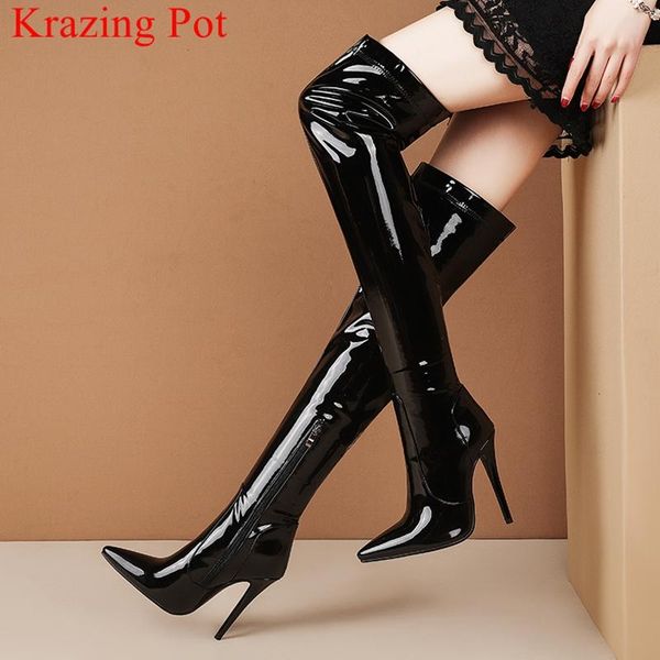 

boots krazing pot big size 45 super high zipper pointed toe thigh winter shoes nightclub brand party over-the-knee, Black
