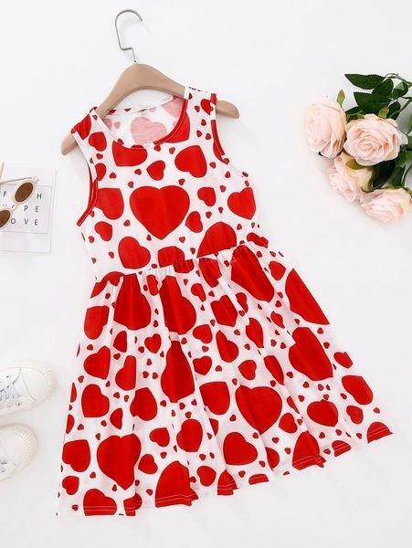 

girls heart print dress she, Red;yellow