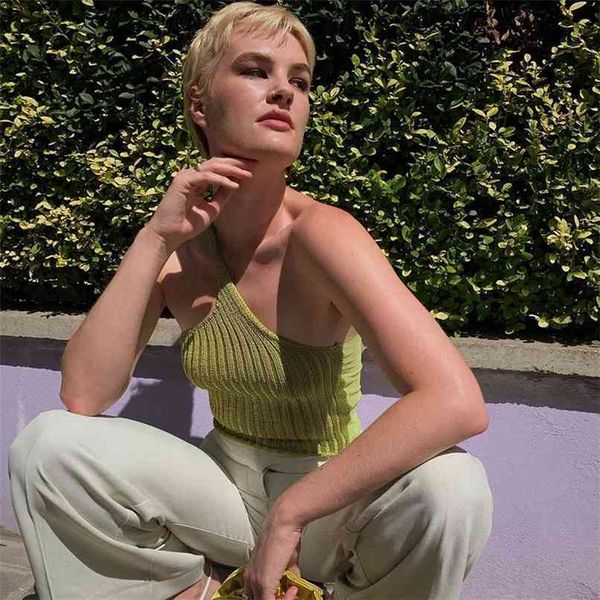 

one shoulder green crop women sleeveless knit tank summer white plain short tanks camis streetwear vest 210705