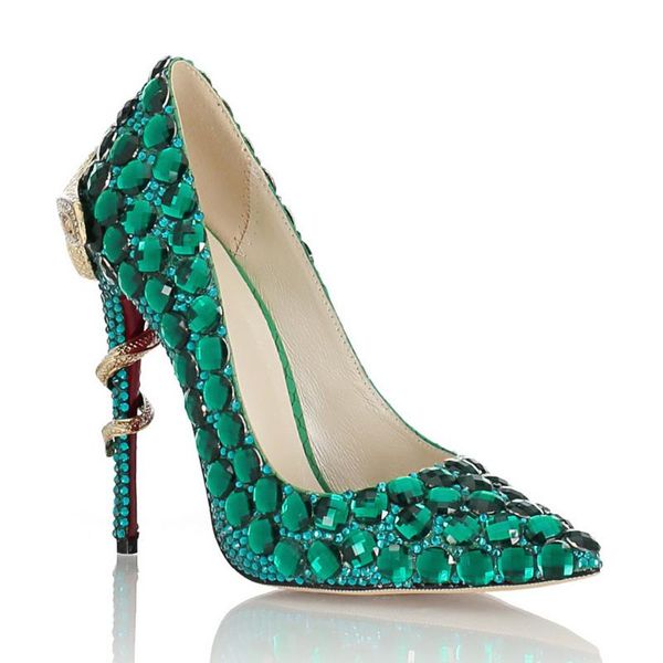 

dress shoes leather high-heeled heel shallow pointed thin heels autumn handmade inlaid green rhinestone bride's, Black