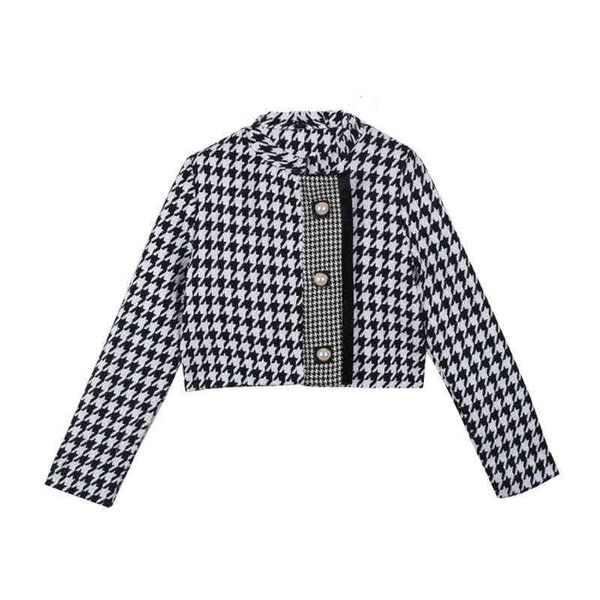 

2021 autumn and winter style loose thin thous bird check long sleeved cardigan short coat women's fashion, Black;brown