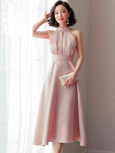 

luxury party evening dress small female pink hanging neck medium length 2021 summer french waist closing slim banquet evening, Black